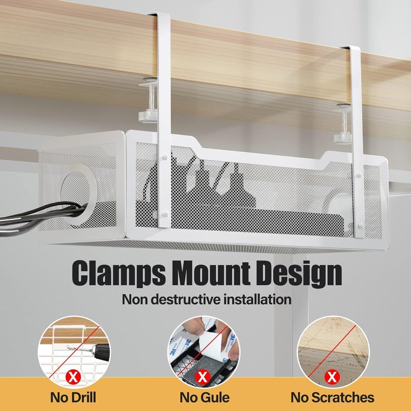 Cinati 2 Pack Under Desk Cable Management Box White, 26.8" Wire Organizers No Drill, Cord Organization Tray with Clamp for Office, Home - No Damage to Desk - Image 4